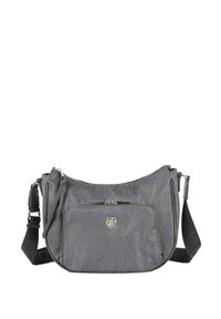 Borsa a tracolla grigia con motivo inciso, hardware dorato, tasca con zip frontale e tracolla regolabile. Texture liscia, design casual.