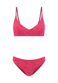 Rosa Bikini-Set mit einem V-Ausschnitt-Bralette-Oberteil und passendem Unterteil. Mit einem abstrakten Muster und dünnen verstellbaren Trägern. Glatte Textur.
