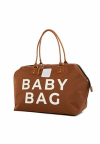 Brun stof baby tas med hvid "BABY BAG" tekst, dobbelt håndtag, lynlås lukning og metal accenter. Solid, rummelig design, glat tekstur.
