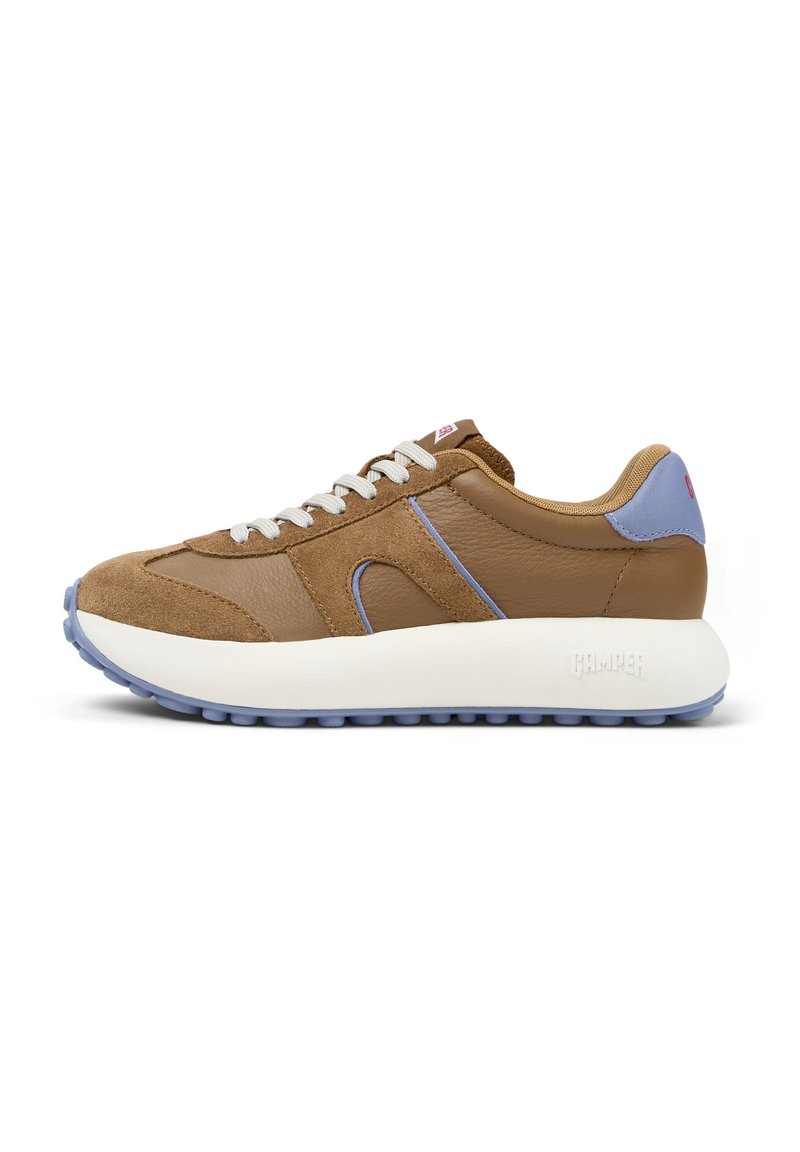Brown sneaker made of leather and suede, featuring a white midsole, light blue accents, and gray laces. Sole has textured grip pattern.