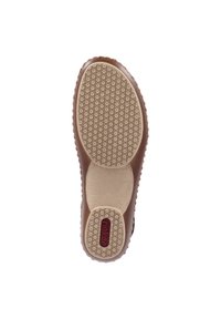 Semelle en caoutchouc brun avec un motif hexagonal texturé, présentant un détail de logo central en rouge et une section de talon lisse. Taille 38 indiquée.