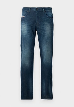 Dark blue denim jeans with a relaxed fit, featuring five pockets, subtle whiskering, and a metal button closure at the waist.