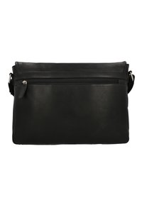 Black leather messenger bag with a zippered front pocket, smooth texture, and adjustable strap. Rectangular shape, minimalistic design.