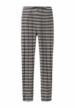 Pantalon slim avec taille élastique présentant un motif à carreaux horizontaux et verticaux en gris, bleu et beige.