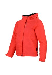 Giacca impermeabile rossa con cappuccio, chiusura con zip, polsini elasticizzati e tasche laterali; tessuto testurizzato con una finitura leggermente lucida.