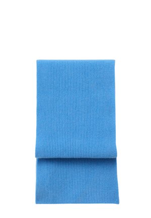 Ribbed blue scarf made of soft material, folded neatly. Features a textured pattern throughout, providing warmth and comfort.
