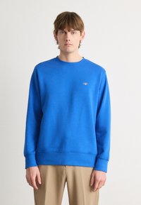 Blauwe sweatshirt met ribbelhals en manchet, voorzien van een klein geborduurd logo op de borst. Zachte textuur en een ontspannen pasvorm.