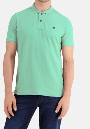 Mann trägt ein hellgrünes Polohemd mit kurzen Ärmeln und zwei Knöpfen sowie dunkle Jeans, steht vor einem einfarbigen Hintergrund.