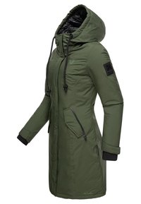 Green parka with a hood, featuring a zip closure, ribbed cuffs, and multiple pockets. The jacket has a smooth texture and subtle branding.