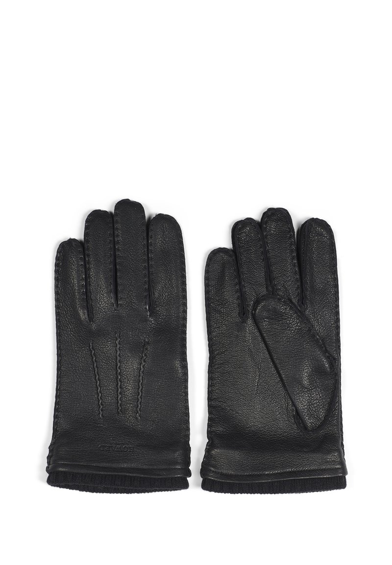 Svarte skinnhansker med fem fingre, stikkingdetaljer og en myk strikket mansjett ved håndleddet. Glatt tekstur og klassisk design.