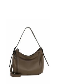 Brown leather shoulder bag with a textured surface, curved shape, short handle, and adjustable strap, featuring silver-tone hardware.