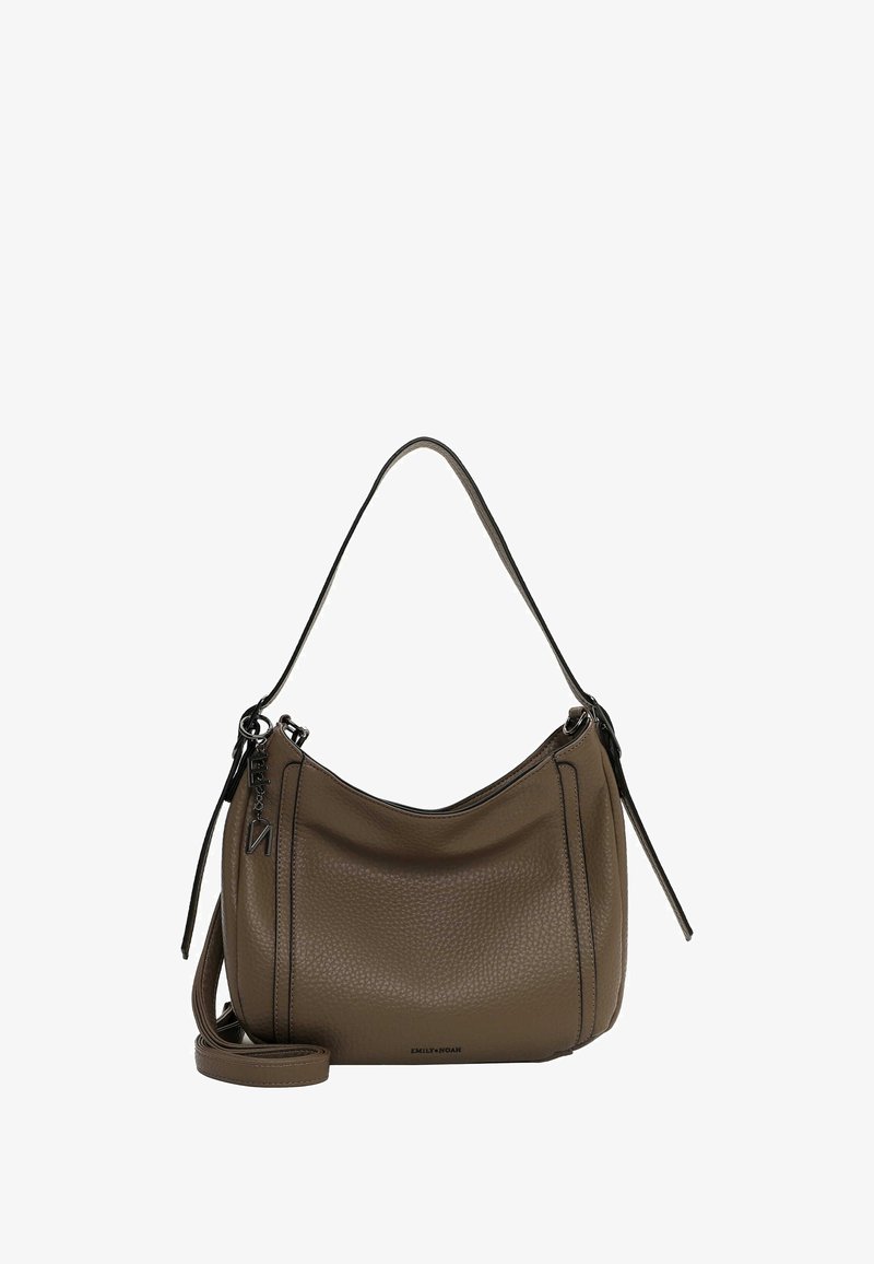 Brown leather shoulder bag with a textured surface, curved shape, short handle, and adjustable strap, featuring silver-tone hardware.