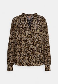 Long-sleeve blouse with black and beige abstract pattern, V-neck slit collar, and buttoned cuffs on a plain background.