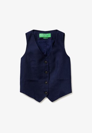 Gilet en lin bleu marine avec quatre boutons noirs, deux poches passepoilées à l'avant et un col en V de United Colors of Benetton.