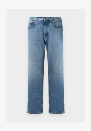 Lichtblauwe denim jeans met rechte pijpen, vijf zakken, knoop- en ritssluiting, en de tekst "Off-White" op het bovenste rechterdijbeen.