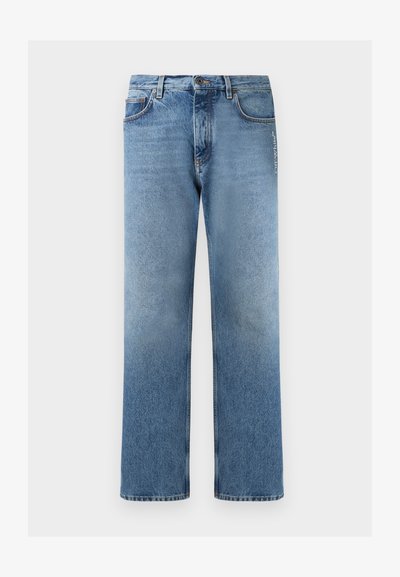 Jean denim bleu clair droit avec cinq poches, fermeture par bouton et fermeture éclair, et texte "Off-White" sur la cuisse supérieure droite.