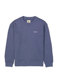 Sudadera púrpura con puños y cuello acanalados. Logo "GARCIA" en blanco en el frente. Textura suave, corte casual y mangas largas.