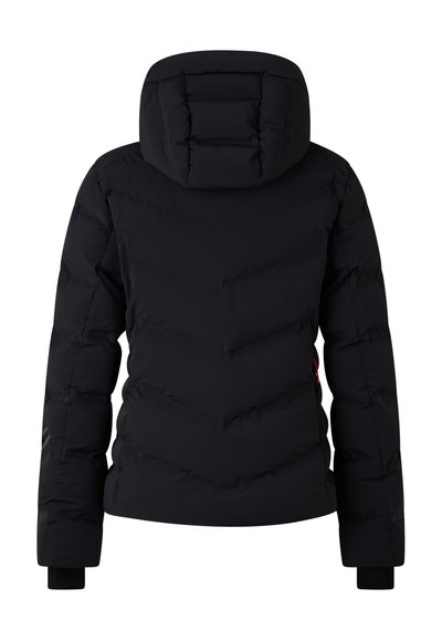 Sort pufferjakke med en strømlinet silhuet, quiltet tekstur og hætte. Har elastiske manchetter og et lille logo på ærmet.