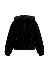 Black fleece hoodie with a zip front, adjustable drawstrings at the hem, and long sleeves. Features a textured surface and soft lining.