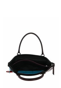 Borsa a tracolla in pelle scura aperta, con due manici, tasca interna con zip visibile e interno suddiviso con fodera blu.