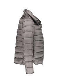 Giubbotto imbottito in grigio chiaro con motivo a righe orizzontali, cappuccio e chiusura a cerniera. Realizzato in tessuto liscio e lucido con una consistenza morbida.