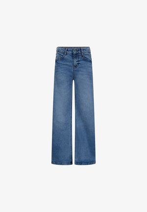 Hochgeschnittene Jeans mit weitem Bein aus mittelblauem Denim. Verfügt über einen taillierten Bund mit einem Knopfverschluss vorne, fünf Taschen und einen sauberen Saum.
