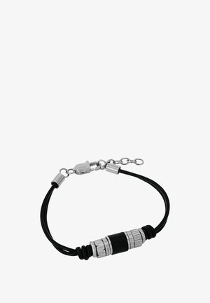 Bracelet en cuir noir avec des accents métalliques argentés, pièce centrale cylindrique et fermeture réglable par chaîne.
