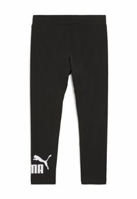 Musta leggingsit joustavasta kankaasta, jossa on valkoinen Puma-logo ja teksti vasemmalla puolella. Yksinkertainen muotoilu, jossa on elastinen vyötärö.