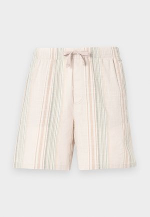 Lys beige shorts med vertikale striper i myk grønn og blek rosa. Elastisk midjebånd med snor, enkelt sidelomme, lintekstur.