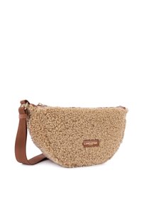 Beige faux shearling bag with a curved shape, brown strap, and a small embossed logo on the front. Zipper closure on top.
