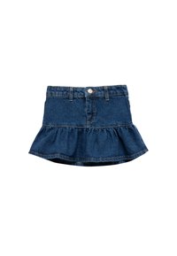 Minifalda de mezclilla con un dobladillo con volantes, que presenta una cintura ajustada, cierre frontal con botones y dos bolsillos traseros. Color azul oscuro.