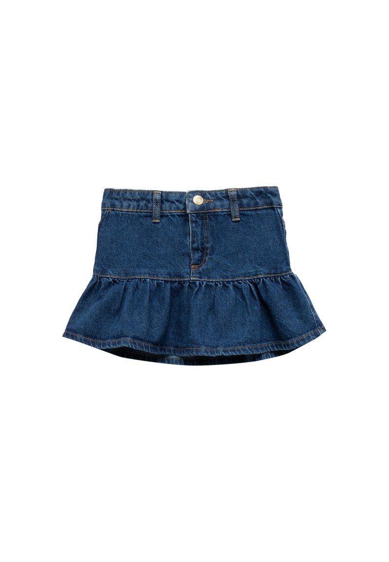 Minifalda de mezclilla con un dobladillo con volantes, que presenta una cintura ajustada, cierre frontal con botones y dos bolsillos traseros. Color azul oscuro.