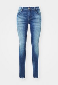 Smalje jeans i denim-materiale, med en lys til mørk blå gradient, klassisk fem-lommers design, og glidelås foran med knappelukking.