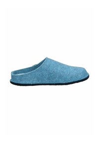 Blue felt slipper with an open back, featuring a rounded toe and a black rubber sole. Smooth texture, simple design, and soft material.