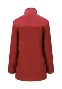 Rote Fleecejacke mit hohem Kragen, kontrastierendem glatten Schulterpanel und strukturiertem Körper. Verfügt über lange Ärmel und einen lässigen Schnitt.