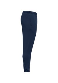 Marineblauwe sportbroek met een elastische tailleband, taps toelopende pasvorm en zijzakken. Gemaakt van gladde, lichte stof voor comfort.