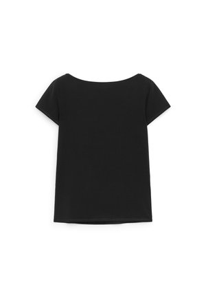 T-shirt noir à manches courtes avec un large col rond, présenté à plat sur un fond blanc.