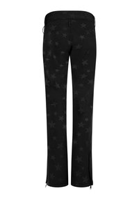 Zwarte broek met sterrenpatroon, met een gladde textuur, rechte pijpen en ritsen aan de onderkant. De stof is lichtgewicht en duurzaam.