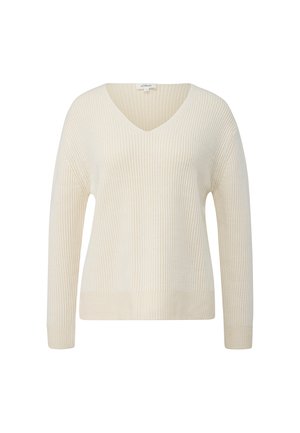 Kremowy, prążkowany sweter dziany z dekoltem w serek i długimi rękawami, o luźnym kroju i subtelnej fakturze.