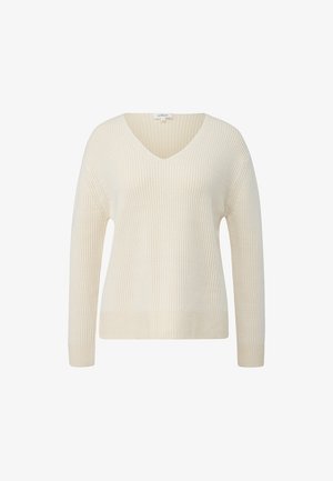 Kremowy, prążkowany sweter dziany z dekoltem w serek i długimi rękawami, o luźnym kroju i subtelnej fakturze.