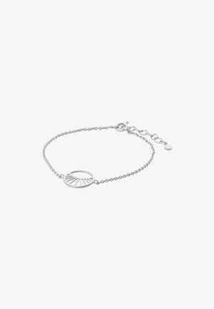 Brățară delicată din lanț de argint cu un element central oval, prezentând un design geometric inspirat de razele soarelui și o închizătoare reglabilă.