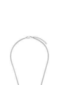 Collana a catena in tonalità argento con un design elegante, caratterizzata da anelli intrecciati, una superficie liscia e una chiusura sicura.