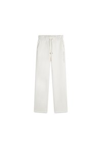 Pantalones de chándal blancos con cinturilla elástica y cordón, dos bolsillos laterales y un sutil logo en la pierna izquierda.