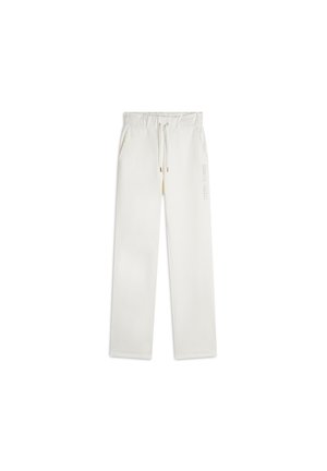 Pantaloni jogger bianchi con vita elastica e cordoncino, due tasche laterali e un branding discreto sulla gamba sinistra.