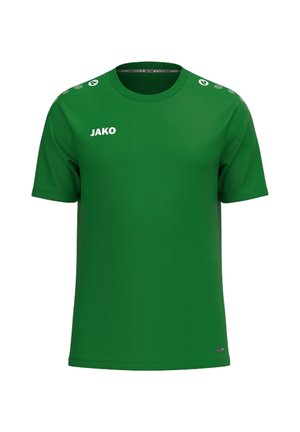 Grünes Sportshirt mit kurzen Ärmeln und rundem Ausschnitt, weißes JAKO-Logo auf der Brust und kleine weiße Symbole auf beiden Schultern.