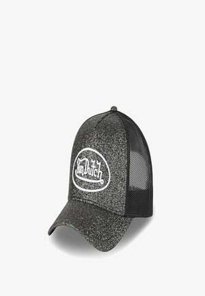 Casquette trucker noire à paillettes avec un panneau avant solide et des côtés en filet, arborant un logo "Von Dutch" blanc à l'avant. Visière courbée.