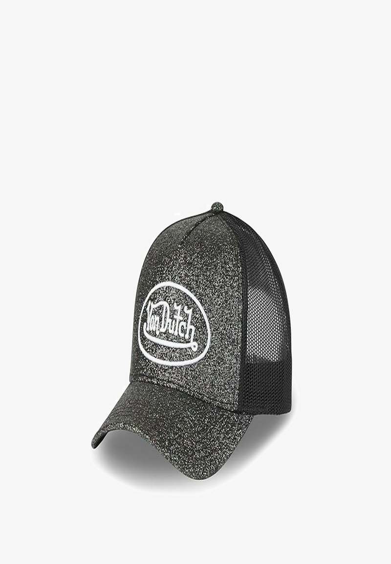 Casquette trucker noire à paillettes avec un panneau avant solide et des côtés en filet, arborant un logo "Von Dutch" blanc à l'avant. Visière courbée.