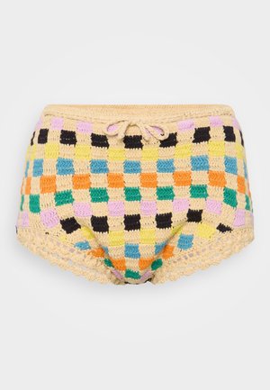 Shorts de bain au crochet avec un motif écossais multicolore dans des teintes pastel, dotés d'une dentelle en finition et d'une taille élastique avec cordon de serrage.