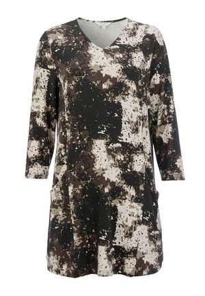 Gestreepte tuniek in zwart, bruin en crème met een V-hals, driekwart mouwen en zijzakken. Soepele, lichte stof.