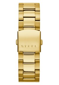 Montre en acier inoxydable doré avec un cadran rectangulaire plat et une finition polie. Présente un design de bracelet à maillons avec une fermoir.